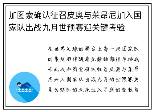 加图索确认征召皮奥与莱昂尼加入国家队出战九月世预赛迎关键考验